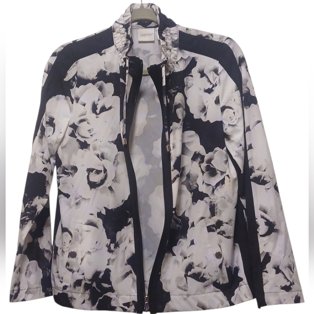 Chico's - Black & White Floral Zipper Up Windbreaker, Long Sleeve,...